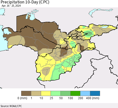 Central Asia Precipitation 10-Day (CPC) Thematic Map For 4/16/2024 - 4/25/2024