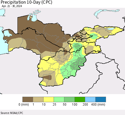 Central Asia Precipitation 10-Day (CPC) Thematic Map For 4/21/2024 - 4/30/2024