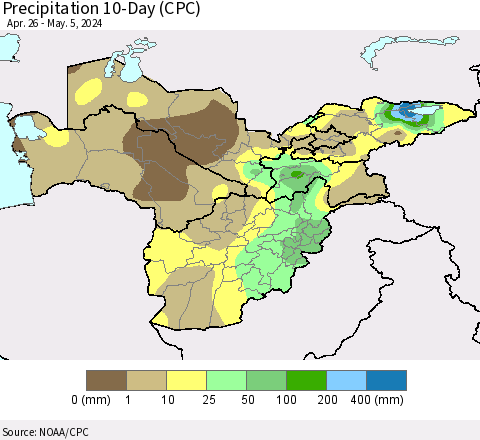 Central Asia Precipitation 10-Day (CPC) Thematic Map For 4/26/2024 - 5/5/2024