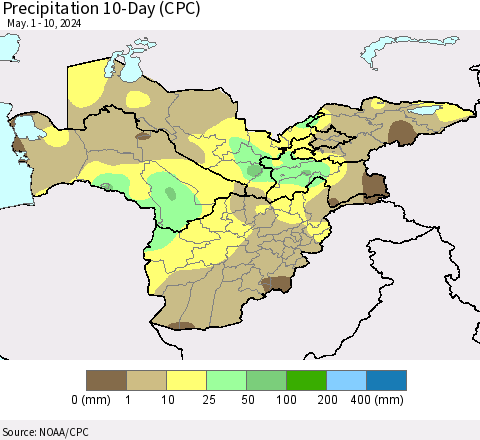 Central Asia Precipitation 10-Day (CPC) Thematic Map For 5/1/2024 - 5/10/2024