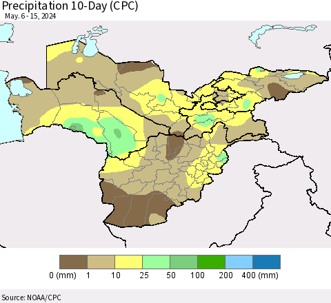 Central Asia Precipitation 10-Day (CPC) Thematic Map For 5/6/2024 - 5/15/2024