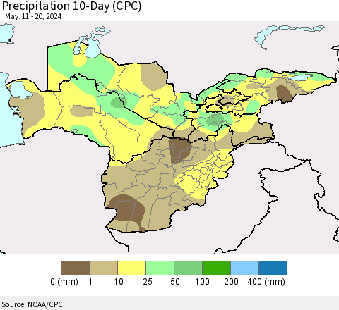 Central Asia Precipitation 10-Day (CPC) Thematic Map For 5/11/2024 - 5/20/2024