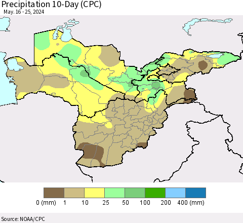 Central Asia Precipitation 10-Day (CPC) Thematic Map For 5/16/2024 - 5/25/2024