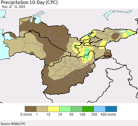 Central Asia Precipitation 10-Day (CPC) Thematic Map For 5/21/2024 - 5/31/2024