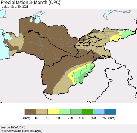 Central Asia Precipitation 3-Month (CPC) Thematic Map For 7/1/2021 - 9/30/2021