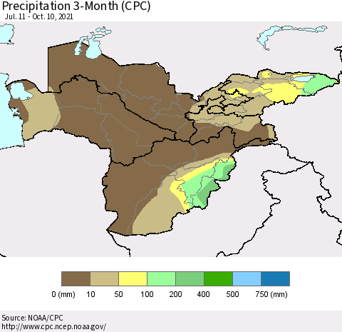 Central Asia Precipitation 3-Month (CPC) Thematic Map For 7/11/2021 - 10/10/2021