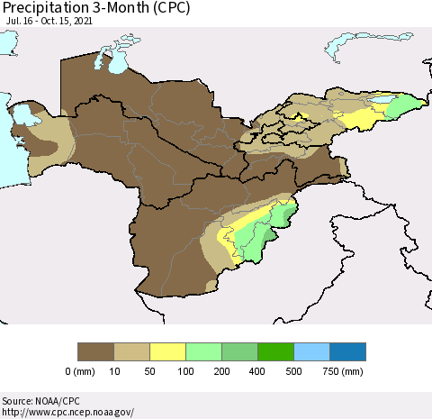 Central Asia Precipitation 3-Month (CPC) Thematic Map For 7/16/2021 - 10/15/2021