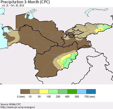 Central Asia Precipitation 3-Month (CPC) Thematic Map For 7/21/2021 - 10/20/2021