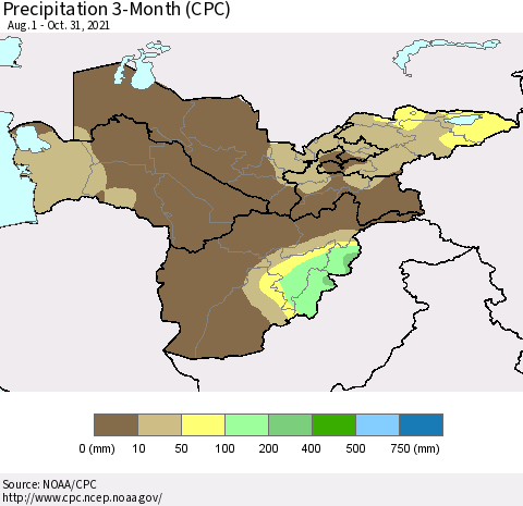 Central Asia Precipitation 3-Month (CPC) Thematic Map For 8/1/2021 - 10/31/2021