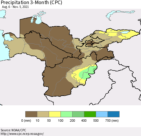 Central Asia Precipitation 3-Month (CPC) Thematic Map For 8/6/2021 - 11/5/2021