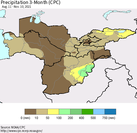 Central Asia Precipitation 3-Month (CPC) Thematic Map For 8/11/2021 - 11/10/2021