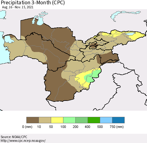 Central Asia Precipitation 3-Month (CPC) Thematic Map For 8/16/2021 - 11/15/2021