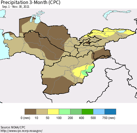 Central Asia Precipitation 3-Month (CPC) Thematic Map For 9/1/2021 - 11/30/2021