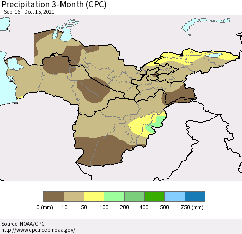 Central Asia Precipitation 3-Month (CPC) Thematic Map For 9/16/2021 - 12/15/2021