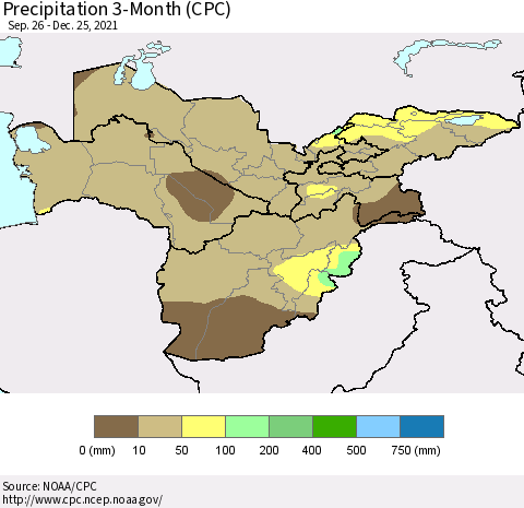 Central Asia Precipitation 3-Month (CPC) Thematic Map For 9/26/2021 - 12/25/2021