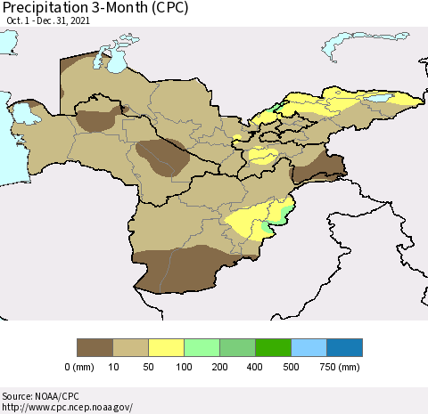 Central Asia Precipitation 3-Month (CPC) Thematic Map For 10/1/2021 - 12/31/2021