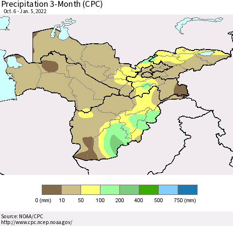 Central Asia Precipitation 3-Month (CPC) Thematic Map For 10/6/2021 - 1/5/2022