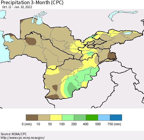 Central Asia Precipitation 3-Month (CPC) Thematic Map For 10/11/2021 - 1/10/2022