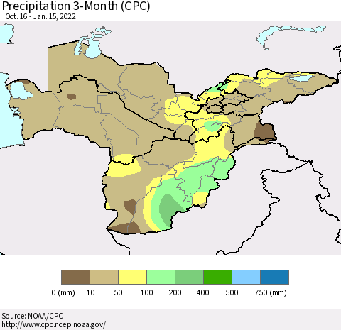 Central Asia Precipitation 3-Month (CPC) Thematic Map For 10/16/2021 - 1/15/2022