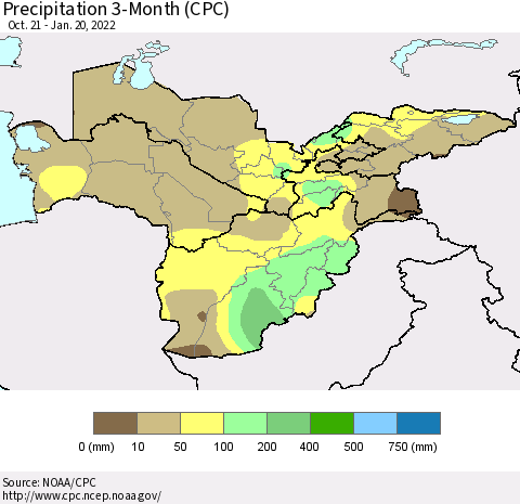 Central Asia Precipitation 3-Month (CPC) Thematic Map For 10/21/2021 - 1/20/2022