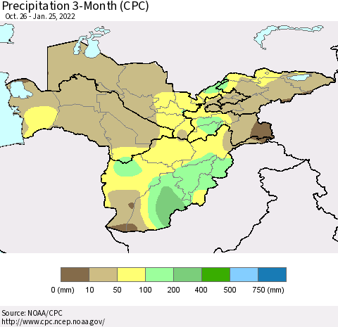Central Asia Precipitation 3-Month (CPC) Thematic Map For 10/26/2021 - 1/25/2022