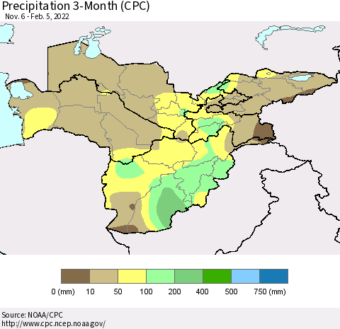 Central Asia Precipitation 3-Month (CPC) Thematic Map For 11/6/2021 - 2/5/2022