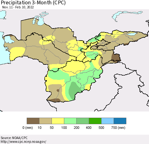 Central Asia Precipitation 3-Month (CPC) Thematic Map For 11/11/2021 - 2/10/2022