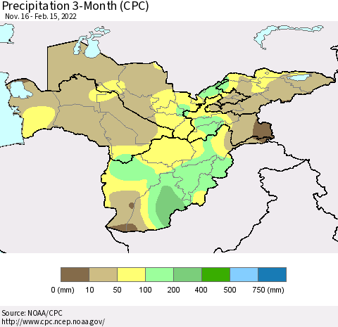 Central Asia Precipitation 3-Month (CPC) Thematic Map For 11/16/2021 - 2/15/2022