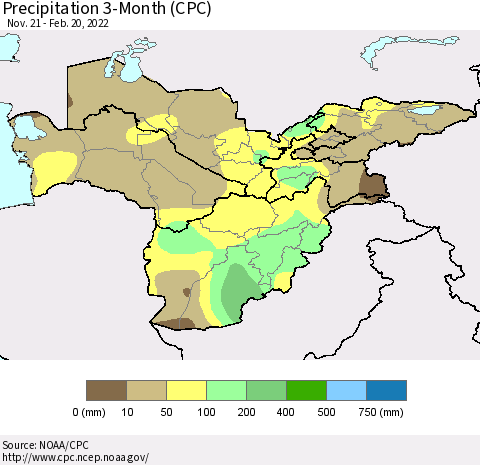 Central Asia Precipitation 3-Month (CPC) Thematic Map For 11/21/2021 - 2/20/2022