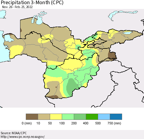 Central Asia Precipitation 3-Month (CPC) Thematic Map For 11/26/2021 - 2/25/2022