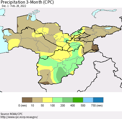 Central Asia Precipitation 3-Month (CPC) Thematic Map For 12/1/2021 - 2/28/2022