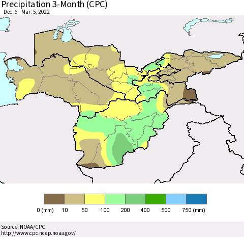 Central Asia Precipitation 3-Month (CPC) Thematic Map For 12/6/2021 - 3/5/2022