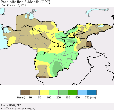 Central Asia Precipitation 3-Month (CPC) Thematic Map For 12/11/2021 - 3/10/2022