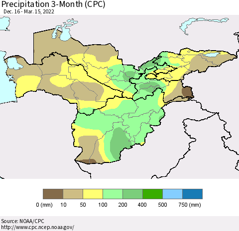 Central Asia Precipitation 3-Month (CPC) Thematic Map For 12/16/2021 - 3/15/2022