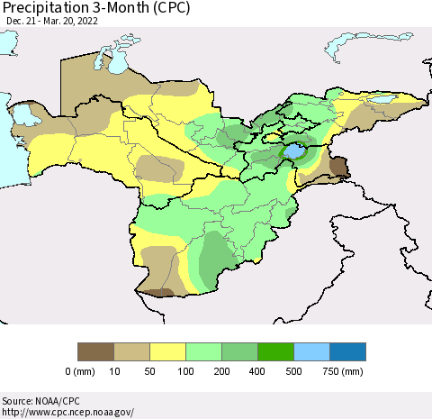 Central Asia Precipitation 3-Month (CPC) Thematic Map For 12/21/2021 - 3/20/2022