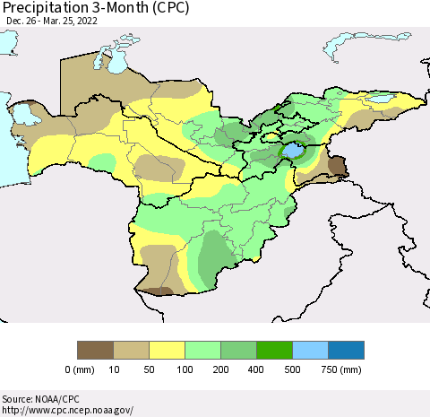 Central Asia Precipitation 3-Month (CPC) Thematic Map For 12/26/2021 - 3/25/2022