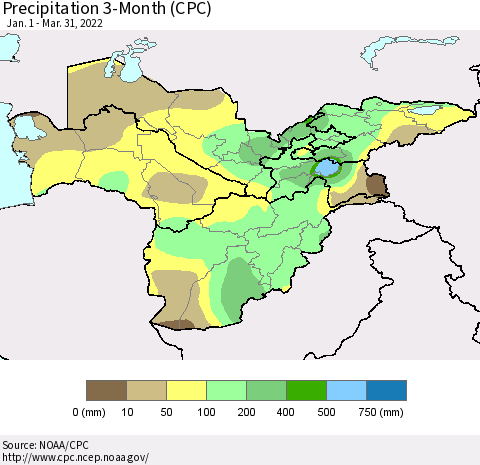 Central Asia Precipitation 3-Month (CPC) Thematic Map For 1/1/2022 - 3/31/2022