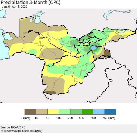 Central Asia Precipitation 3-Month (CPC) Thematic Map For 1/6/2022 - 4/5/2022