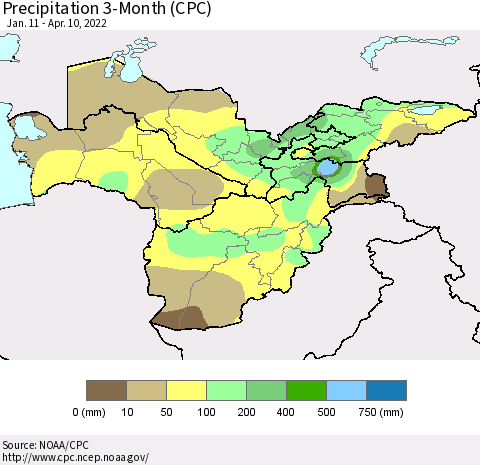 Central Asia Precipitation 3-Month (CPC) Thematic Map For 1/11/2022 - 4/10/2022
