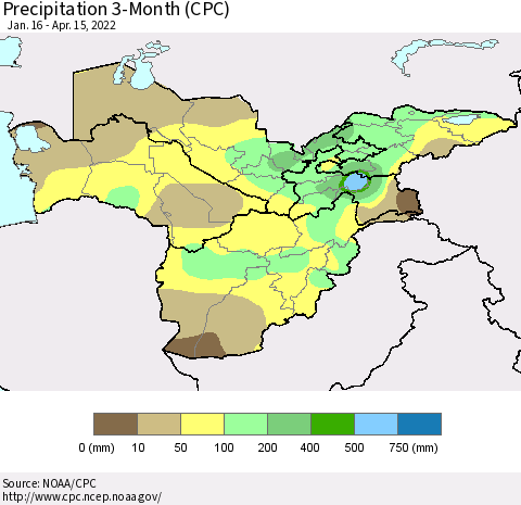 Central Asia Precipitation 3-Month (CPC) Thematic Map For 1/16/2022 - 4/15/2022