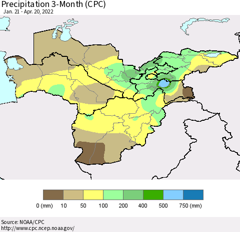 Central Asia Precipitation 3-Month (CPC) Thematic Map For 1/21/2022 - 4/20/2022