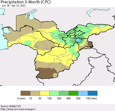 Central Asia Precipitation 3-Month (CPC) Thematic Map For 1/26/2022 - 4/25/2022