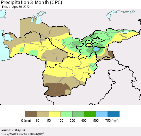 Central Asia Precipitation 3-Month (CPC) Thematic Map For 2/1/2022 - 4/30/2022