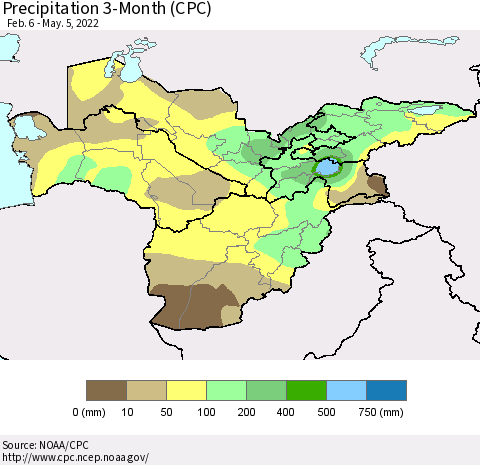 Central Asia Precipitation 3-Month (CPC) Thematic Map For 2/6/2022 - 5/5/2022