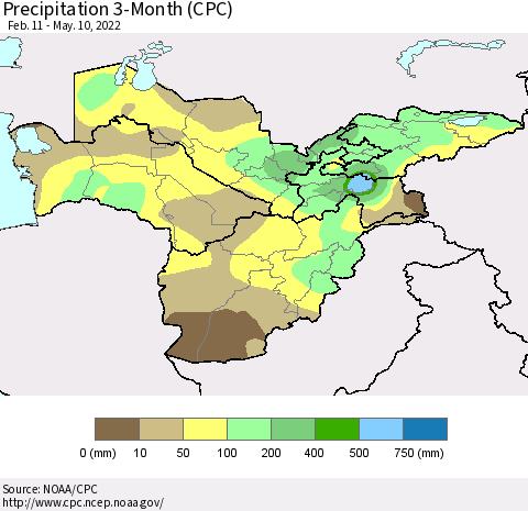 Central Asia Precipitation 3-Month (CPC) Thematic Map For 2/11/2022 - 5/10/2022