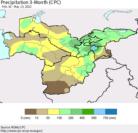Central Asia Precipitation 3-Month (CPC) Thematic Map For 2/16/2022 - 5/15/2022