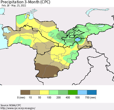 Central Asia Precipitation 3-Month (CPC) Thematic Map For 2/26/2022 - 5/25/2022