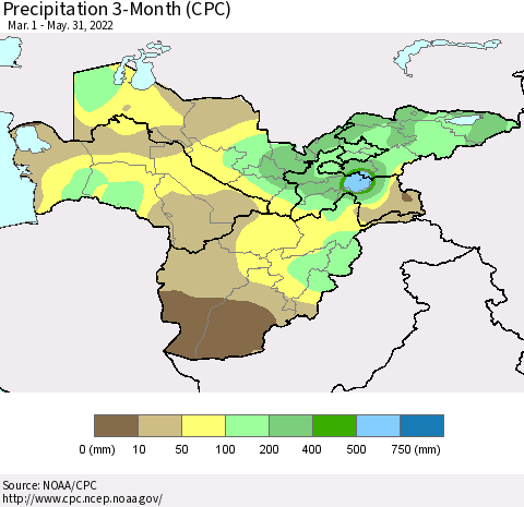 Central Asia Precipitation 3-Month (CPC) Thematic Map For 3/1/2022 - 5/31/2022