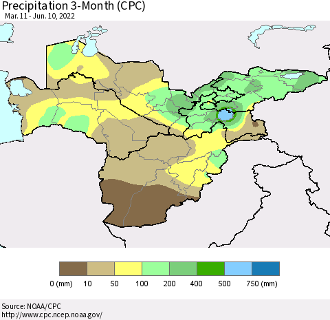 Central Asia Precipitation 3-Month (CPC) Thematic Map For 3/11/2022 - 6/10/2022