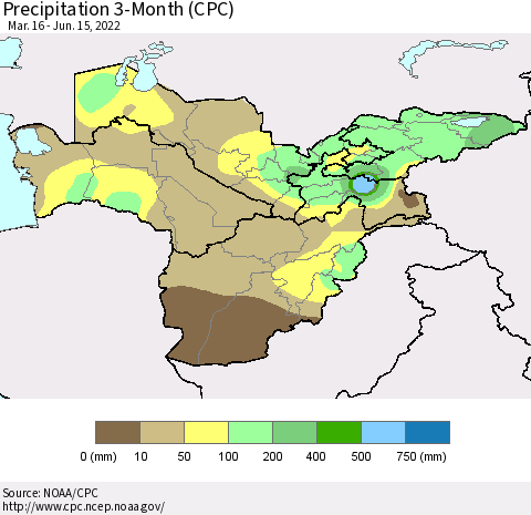 Central Asia Precipitation 3-Month (CPC) Thematic Map For 3/16/2022 - 6/15/2022